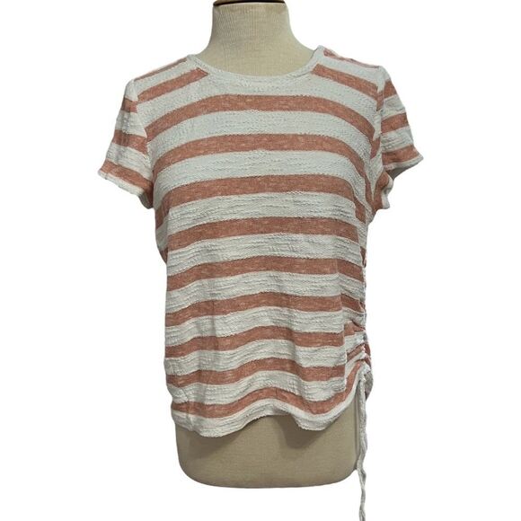 Silverwear Size Large Pink White Stripe Knit Short Sleeve Top Ruched Side Tie - Picture 1 of 4